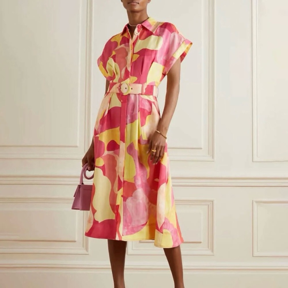 Rebecca Vallance Toretta Linen Blend Shirt Dress Belted Midi